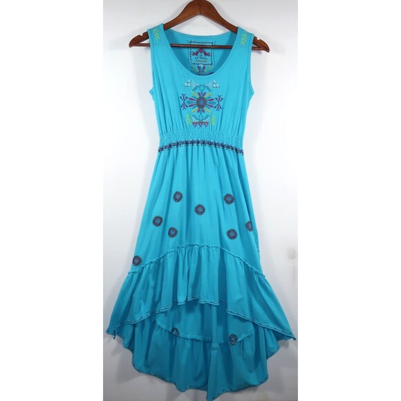 Johnny Was JWLA Embroidered Turquoise Maxi Dress Cotton Tank Aztec Size Small - Picture 2 of 14